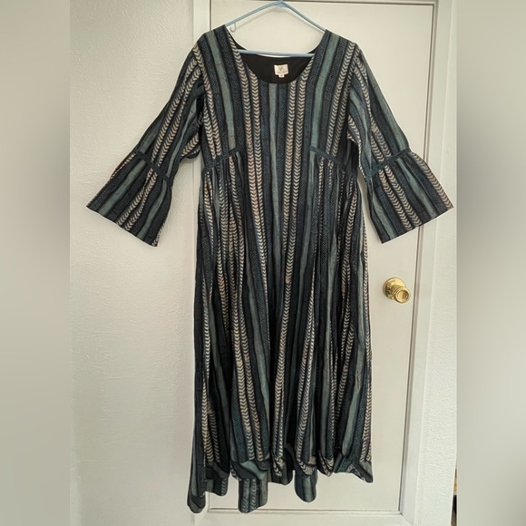 Anokhi blue striped block print bell sleeve maxi dress, 100% cotton size XL - Picture 4 of 11
